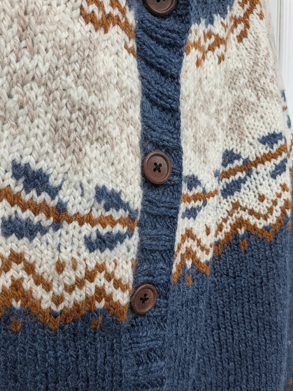 Hand Knit Blue Fair Isle Button-Up Sweater Cardigan - Picture 5 of 10